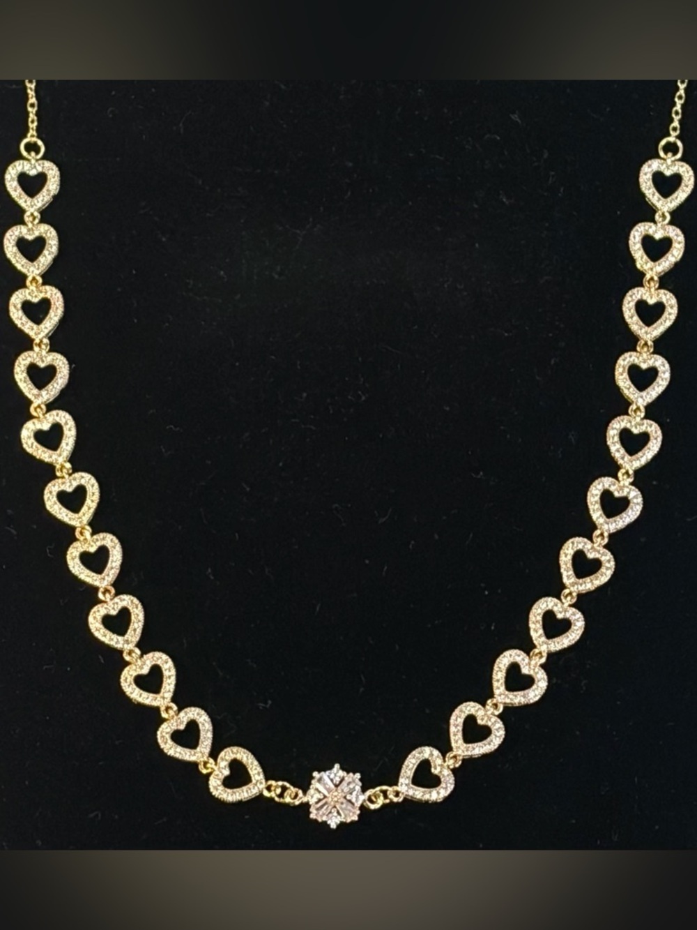 Formal gold heart link Necklace.Micro paved CZ hearts,floral centerpiece.17”-19”
